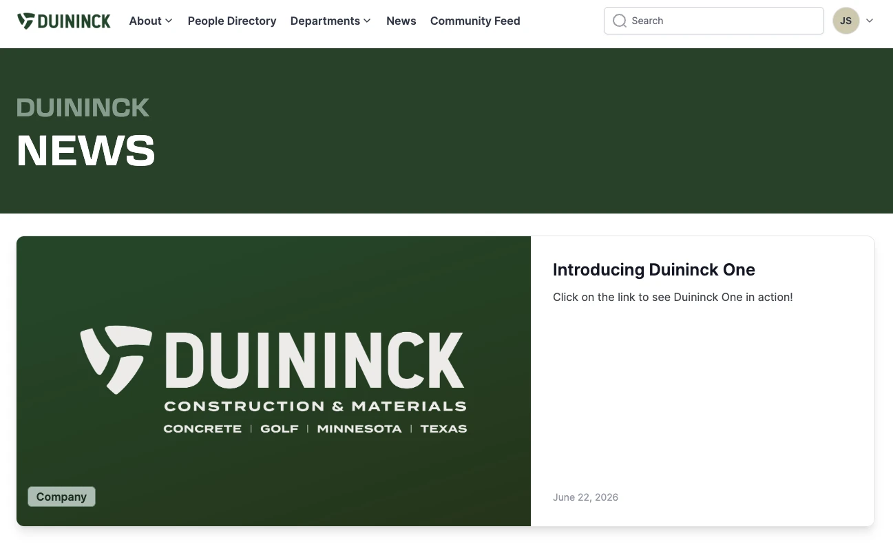 Duininck ONE employee hub — the News home screen with the Duininck Construction & Materials brand header