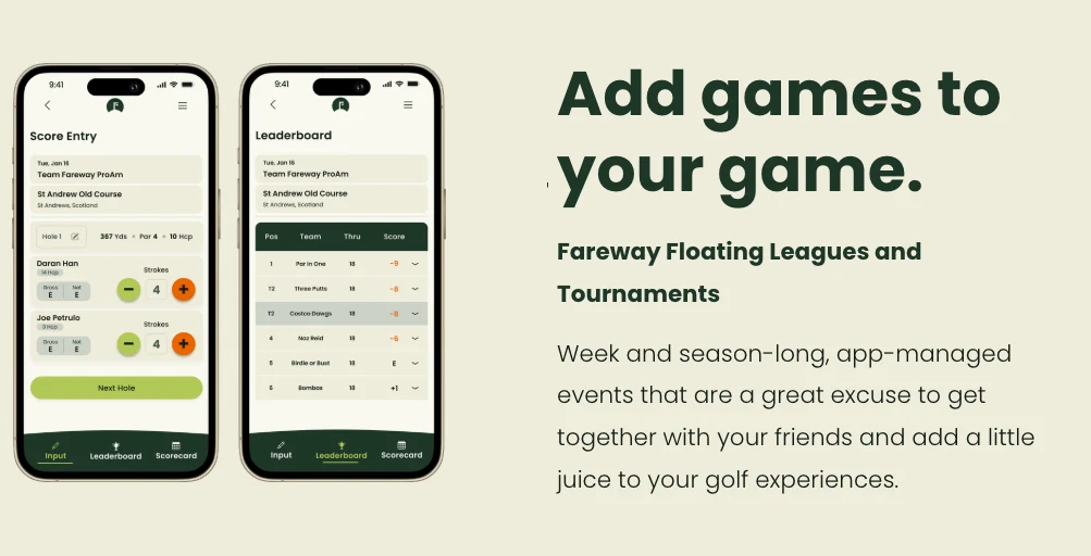 Fareway Golf app — score entry and live leaderboard screens for app-managed leagues and tournaments