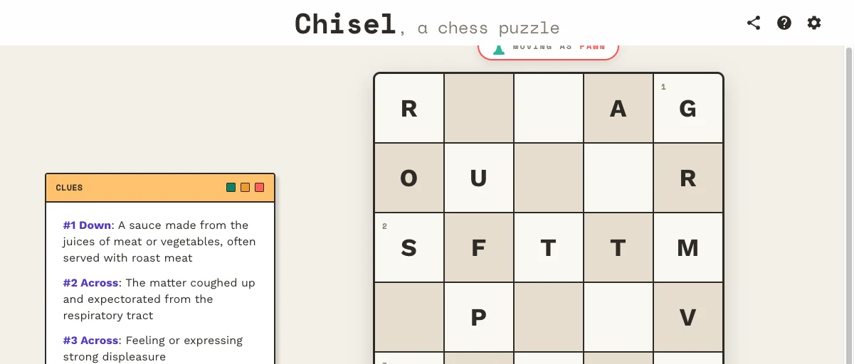 Chisel, a chess crossword — a grid puzzle where each square is both an answer and a chess move