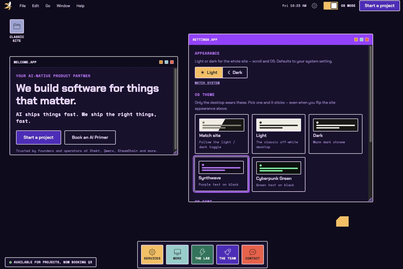 The MonkeyjumpOS desktop — draggable windows, a menu bar and a dock rendering the site as a retro operating system